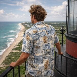 Rare Outerbanks Beach Style Island Republic Hawaiian Button Up Down Rayon Shirt